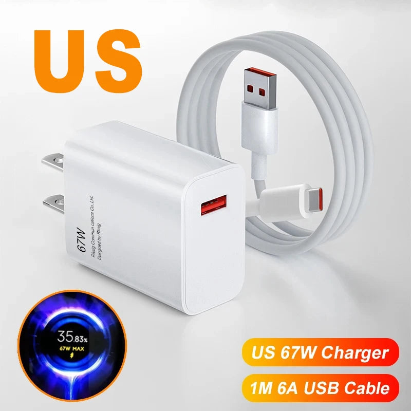 Cargador Rápido USB-C 67W Compatible con Xiaomi Redmi Note 12, 13, Poco F5 y Mi 14 – Carga Turbo