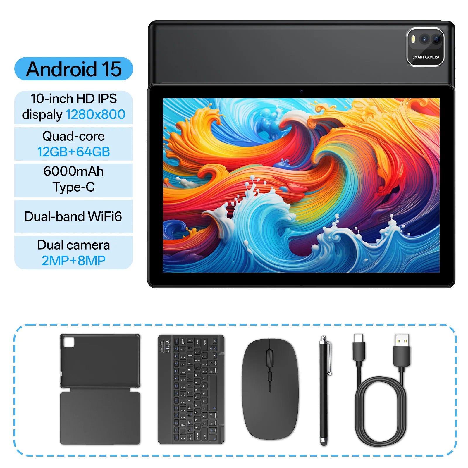 Tablet Android 15 de 10 Pulgadas — 12GB RAM + 64GB, WiFi 6, Procesador Quad-Core, Expandible hasta 1TB