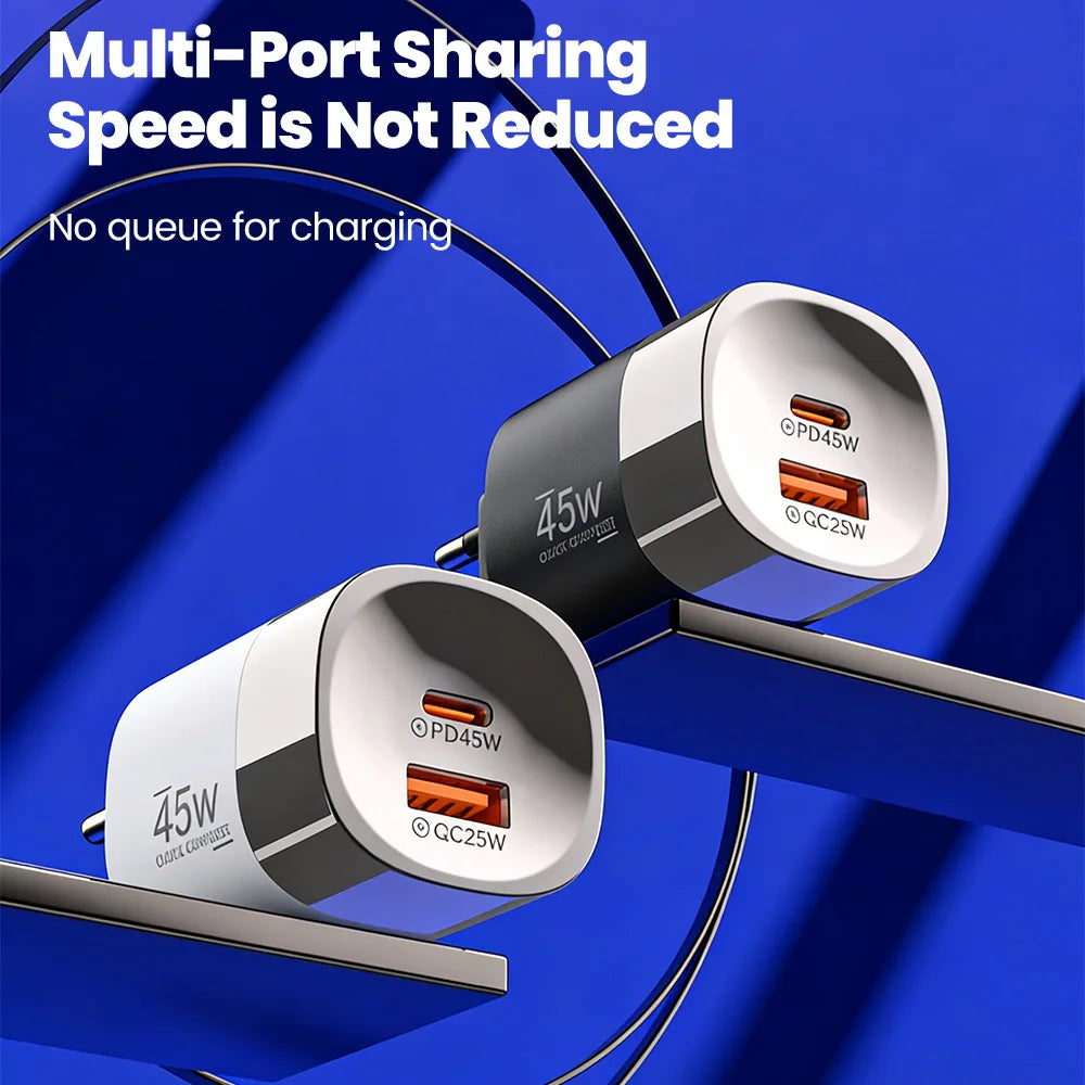 Cargador Rápido Elough 45W USB-C + USB | Carga Super Rápida PD para iPhone, Samsung, Huawei, Xiaomi y Más