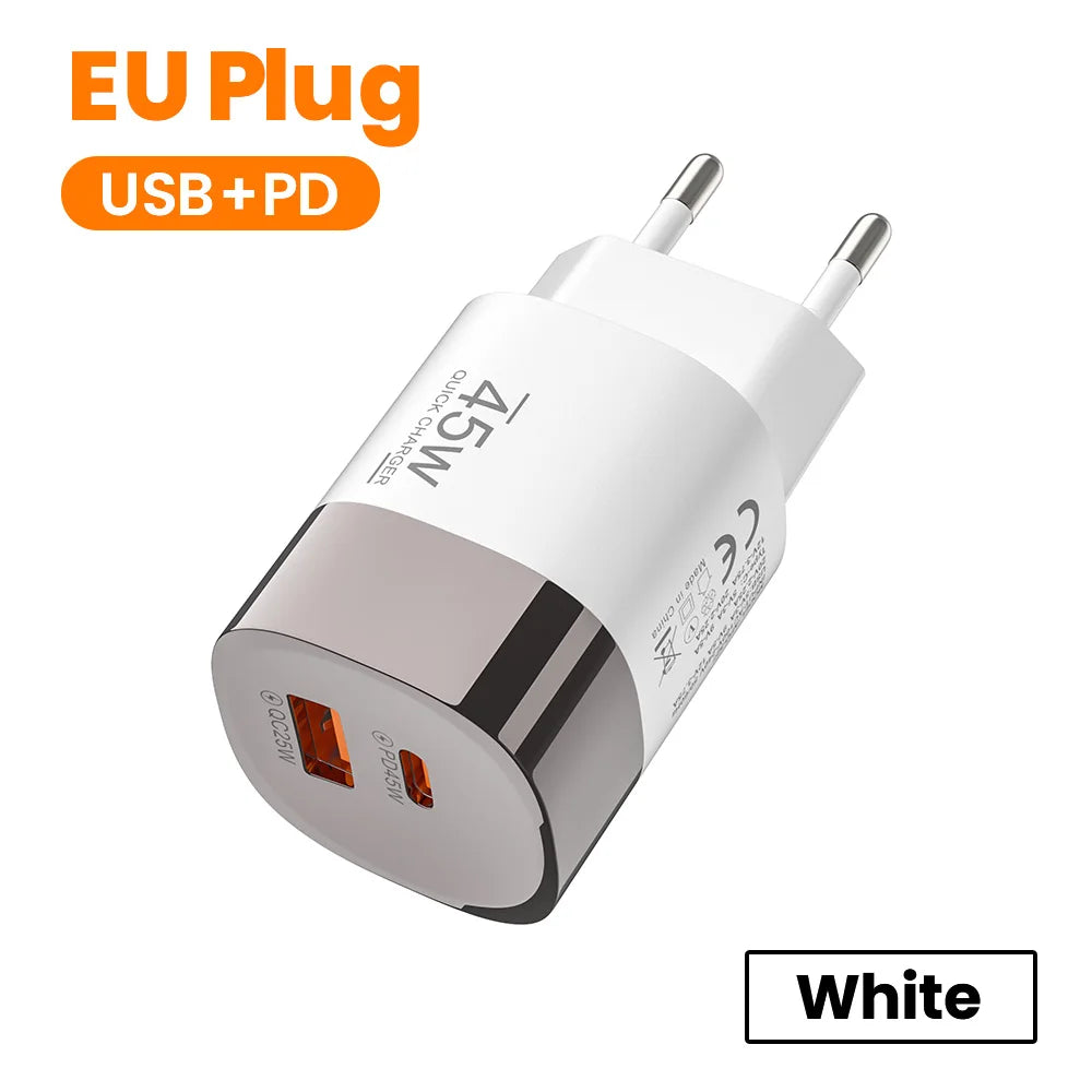 Cargador Rápido Elough 45W USB-C + USB | Carga Super Rápida PD para iPhone, Samsung, Huawei, Xiaomi y Más