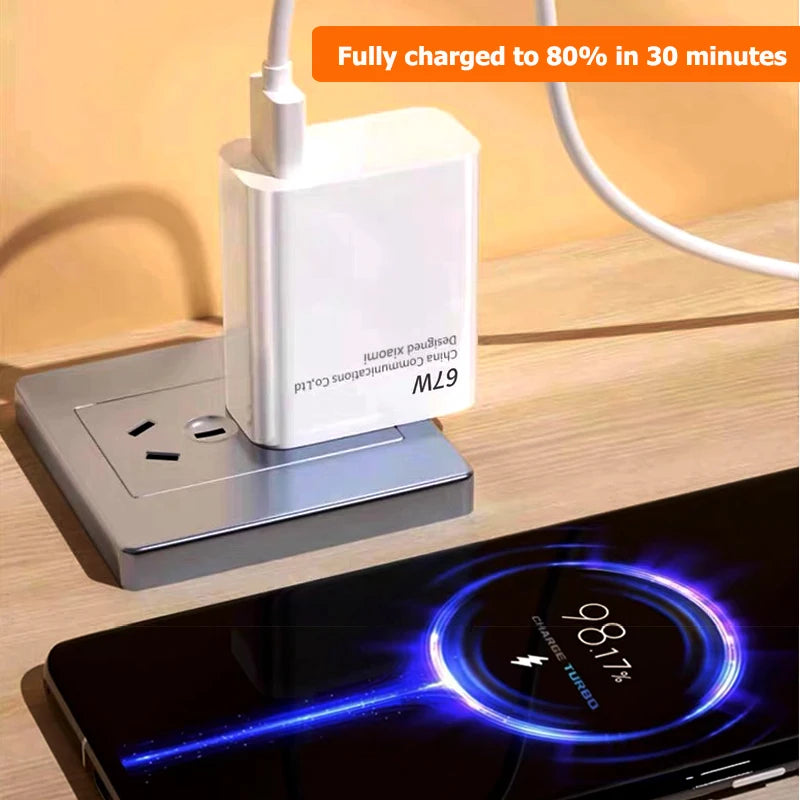 Cargador Rápido USB-C 67W Compatible con Xiaomi Redmi Note 12, 13, Poco F5 y Mi 14 – Carga Turbo
