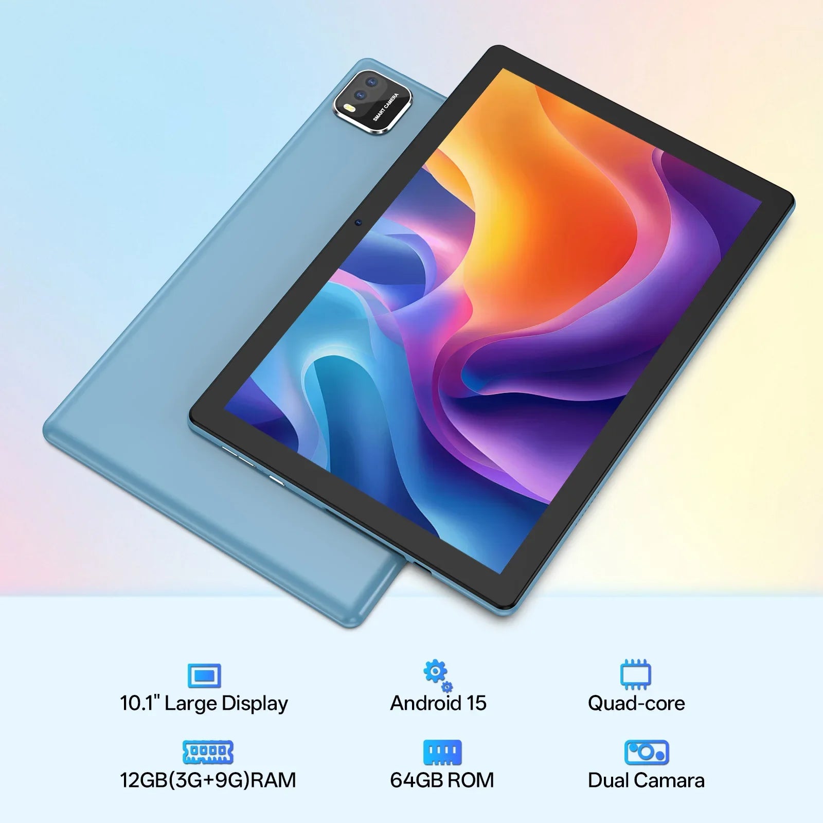 Tablet Android 15 de 10 Pulgadas — 12GB RAM + 64GB, WiFi 6, Procesador Quad-Core, Expandible hasta 1TB