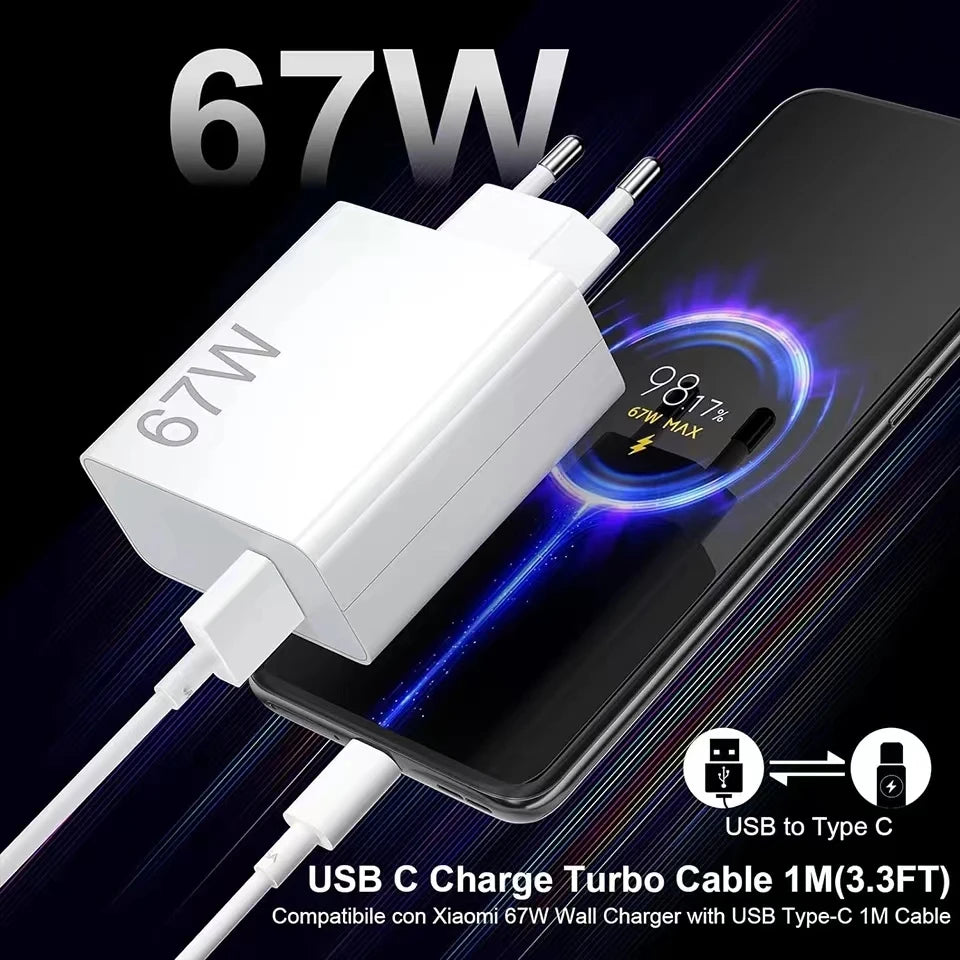 Cargador Rápido USB-C 67W Compatible con Xiaomi Redmi Note 12, 13, Poco F5 y Mi 14 – Carga Turbo