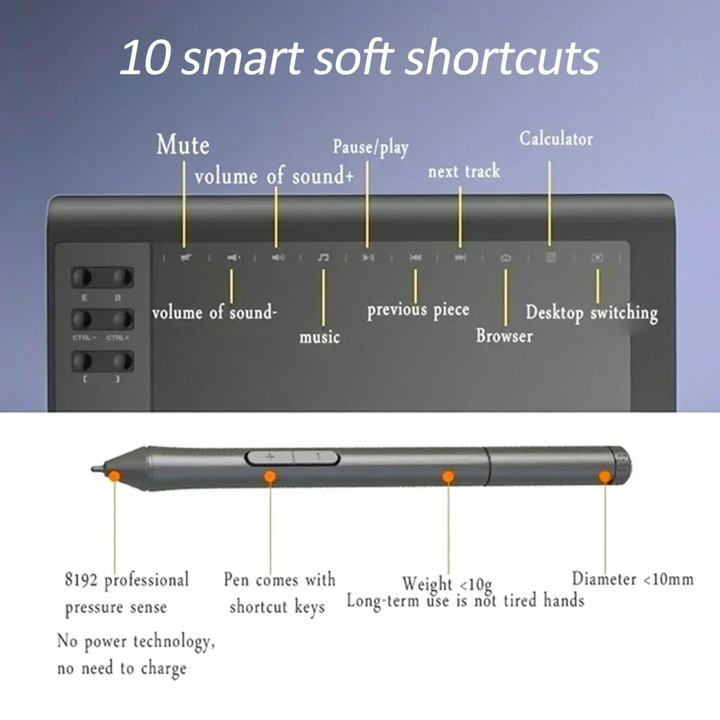 Tableta Digital Portátil 10*6 Pulgadas con Presión para Dibujo y Diseño Gráfico