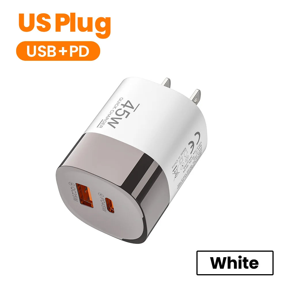 Cargador Rápido Elough 45W USB-C + USB | Carga Super Rápida PD para iPhone, Samsung, Huawei, Xiaomi y Más