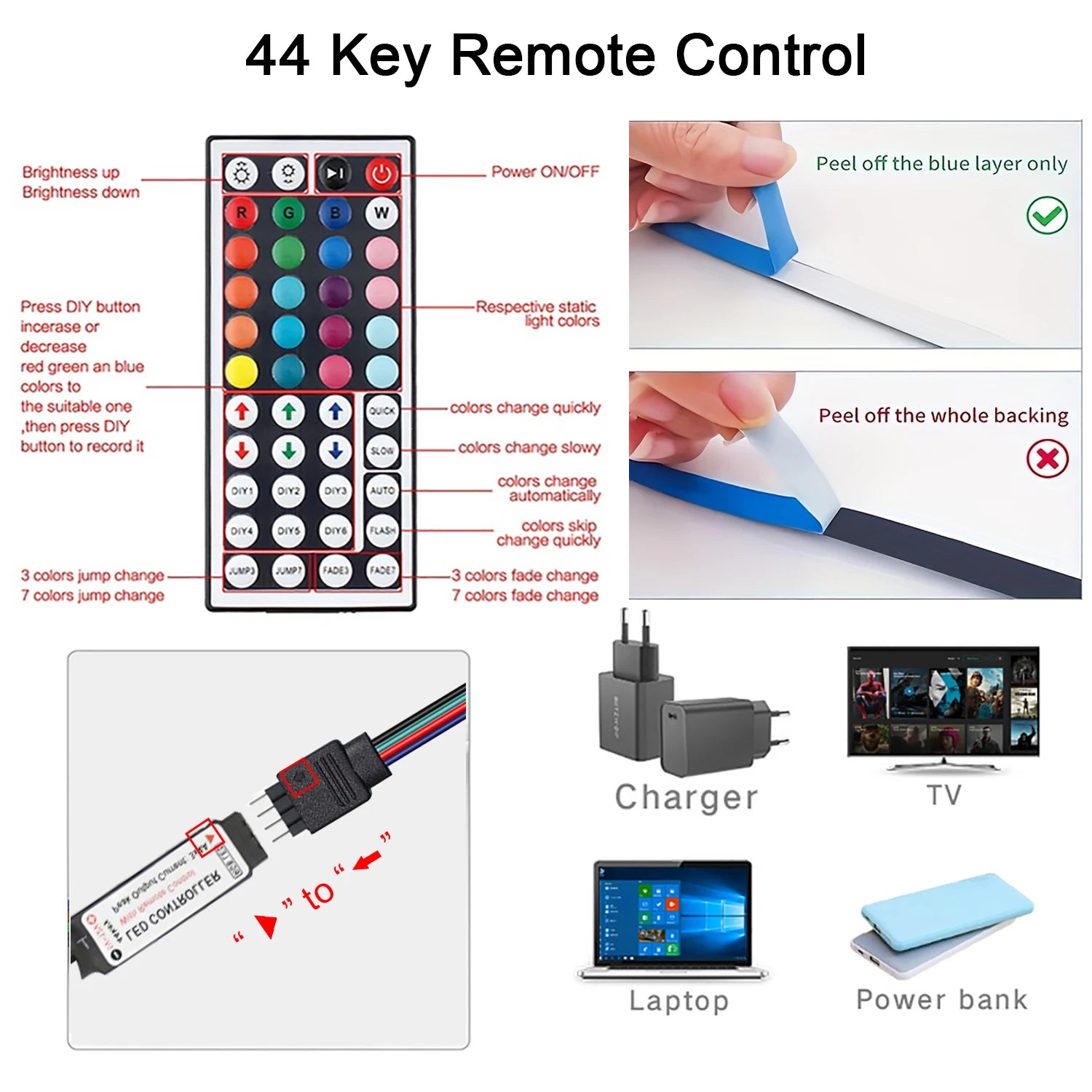 Led Strip Lights with 44 Key Remote Control 1m 5m 10m 20m RGB Tape Led Wall Room for Home Bedroom Party Decor TV Backlight