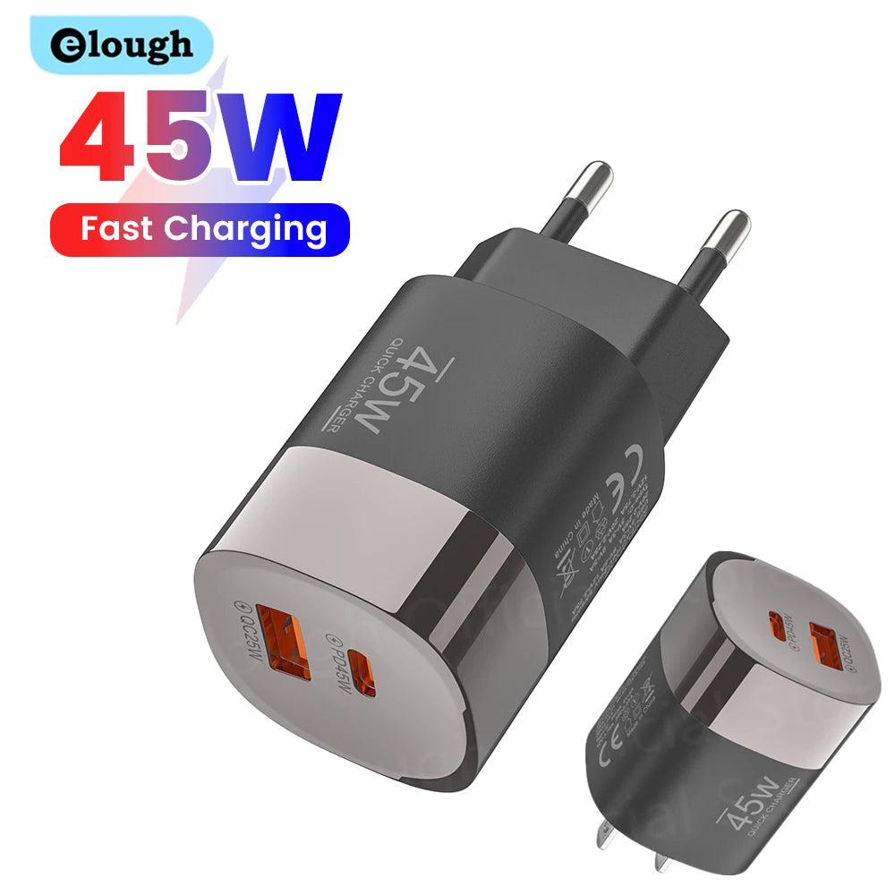 Cargador Rápido Elough 45W USB-C + USB | Carga Super Rápida PD para iPhone, Samsung, Huawei, Xiaomi y Más