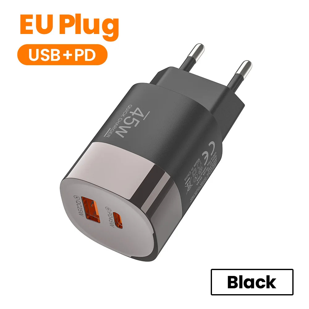 Cargador Rápido Elough 45W USB-C + USB | Carga Super Rápida PD para iPhone, Samsung, Huawei, Xiaomi y Más