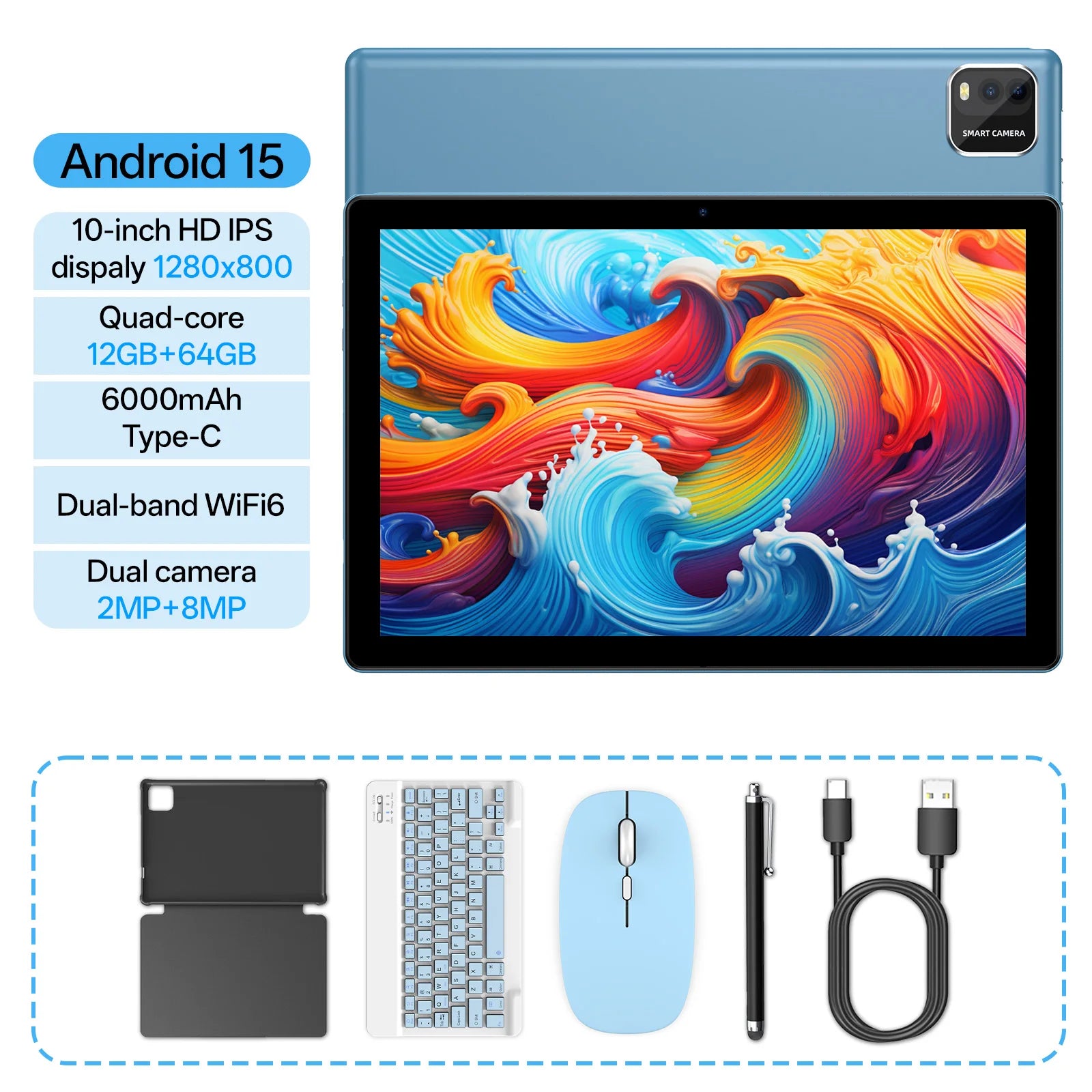 Tablet Android 15 de 10 Pulgadas — 12GB RAM + 64GB, WiFi 6, Procesador Quad-Core, Expandible hasta 1TB