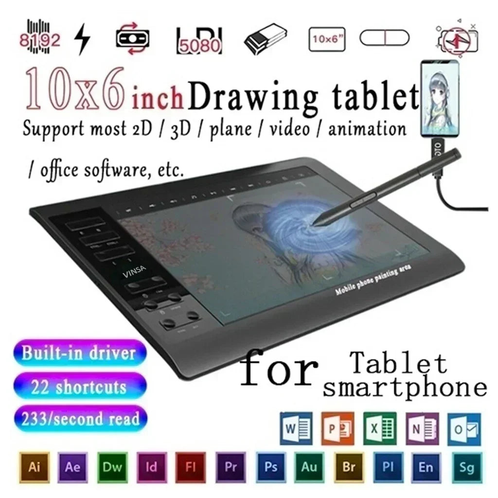 Tableta Digital Portátil 10*6 Pulgadas con Presión para Dibujo y Diseño Gráfico