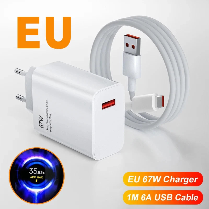 Cargador Rápido USB-C 67W Compatible con Xiaomi Redmi Note 12, 13, Poco F5 y Mi 14 – Carga Turbo