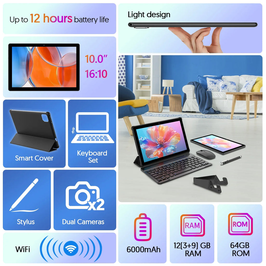 Tablet Android 16 de 10.1" Modelo 2026 — 12GB RAM + 64GB, WiFi 6, Procesador Quad-Core (Versión Mejorada)