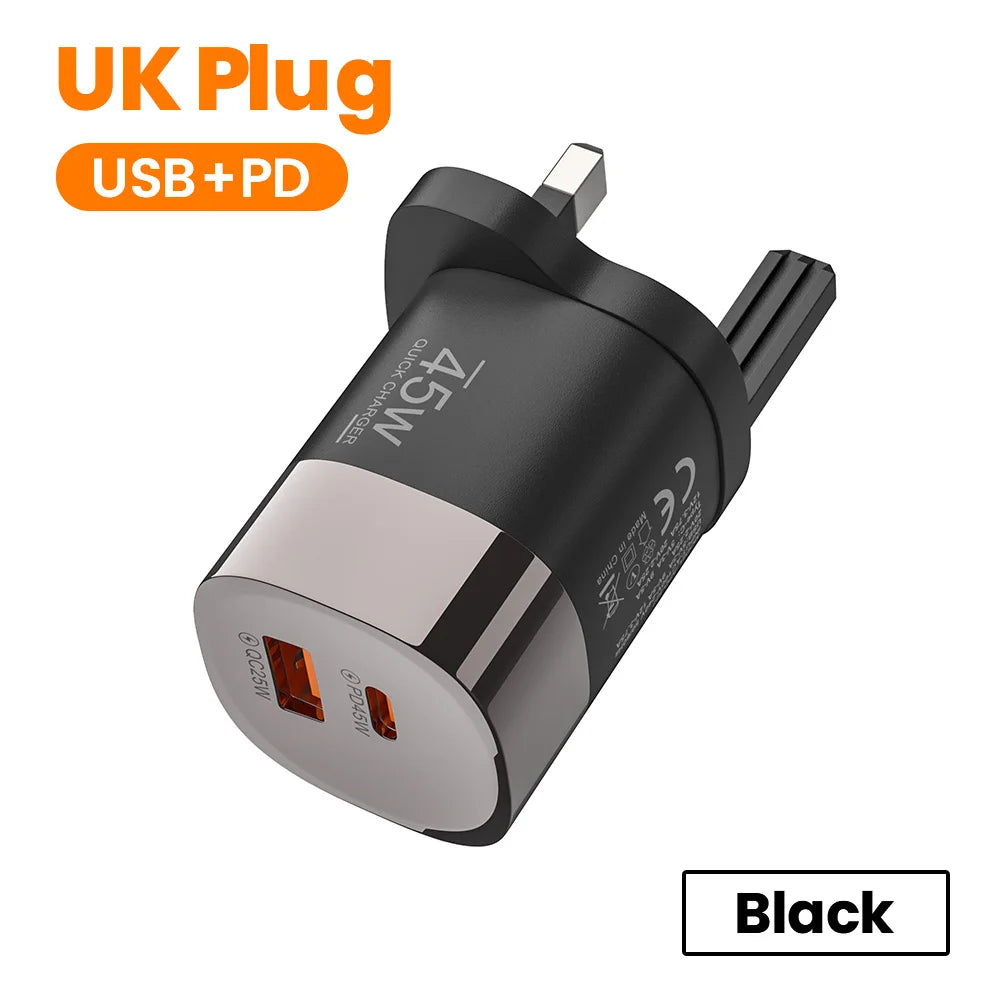 Cargador Rápido Elough 45W USB-C + USB | Carga Super Rápida PD para iPhone, Samsung, Huawei, Xiaomi y Más