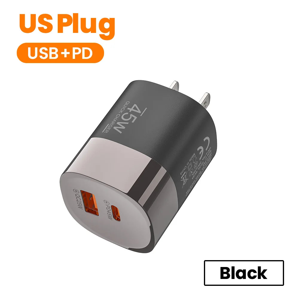 Cargador Rápido Elough 45W USB-C + USB | Carga Super Rápida PD para iPhone, Samsung, Huawei, Xiaomi y Más